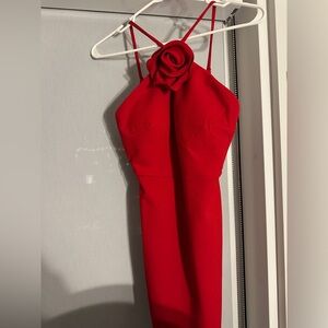 Women's Red Halter Dress with Rose Detail